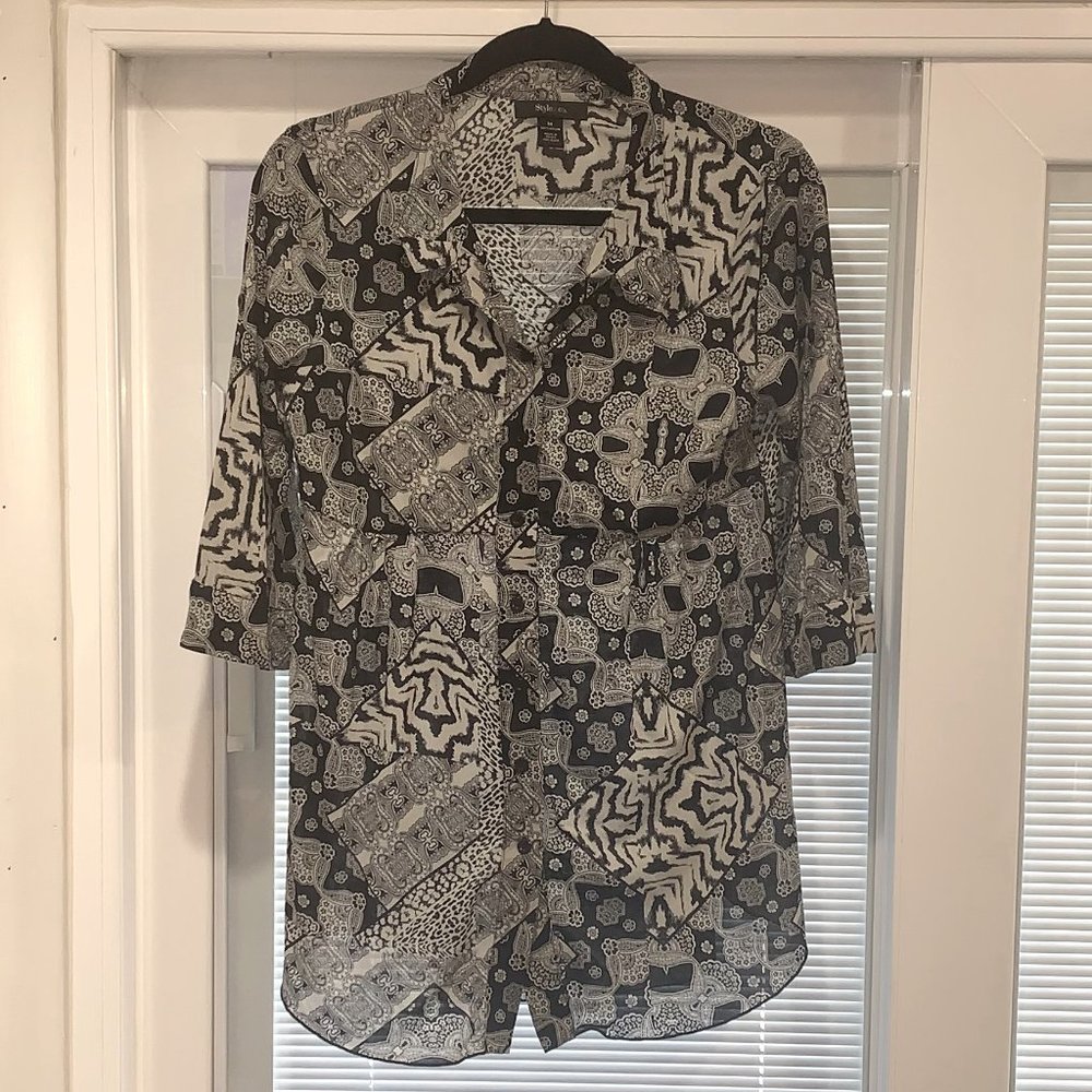 EUC Style & Co Silky/Sheer Button Down Shirt Black/Gray Size M